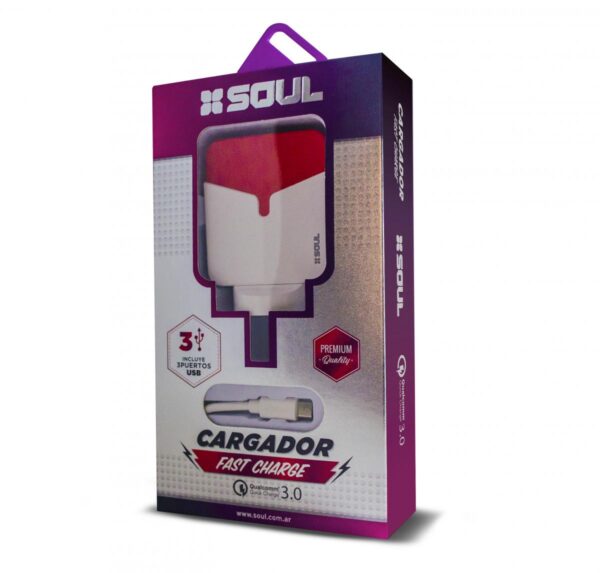 Cargador de Pared Soul x3 Usb 3,4A + Cable Fast Charge Rojo - Image 3