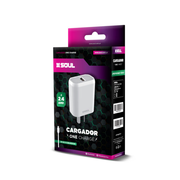 Cargador de Pared Soul One Charge Viajero 1 Usb 2.4A + Cable